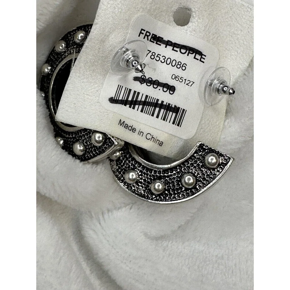 NEW Free People Hoop Earrings Textured Metal Studded Silver Boho Jewelry Set